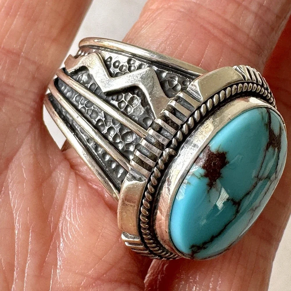 Big Navajo Mens Turquoise Ring Sz 11 Lightning Signed Denetdale Sterling Native